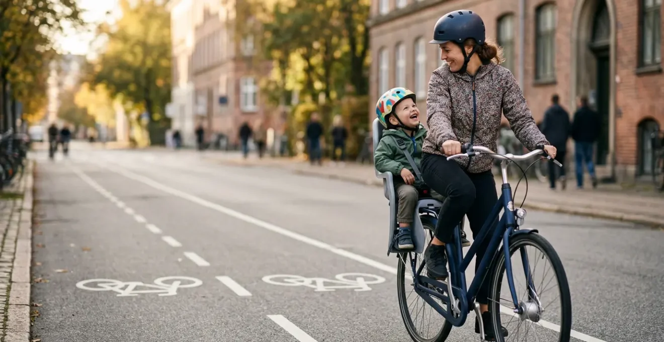 Parent cycliste avec enfant à bord, trajet familial sécurisé en milieu urbain