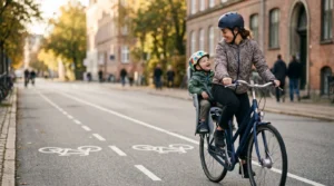 Parent cycliste avec enfant à bord, trajet familial sécurisé en milieu urbain