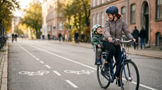 Parent cycliste avec enfant à bord, trajet familial sécurisé en milieu urbain