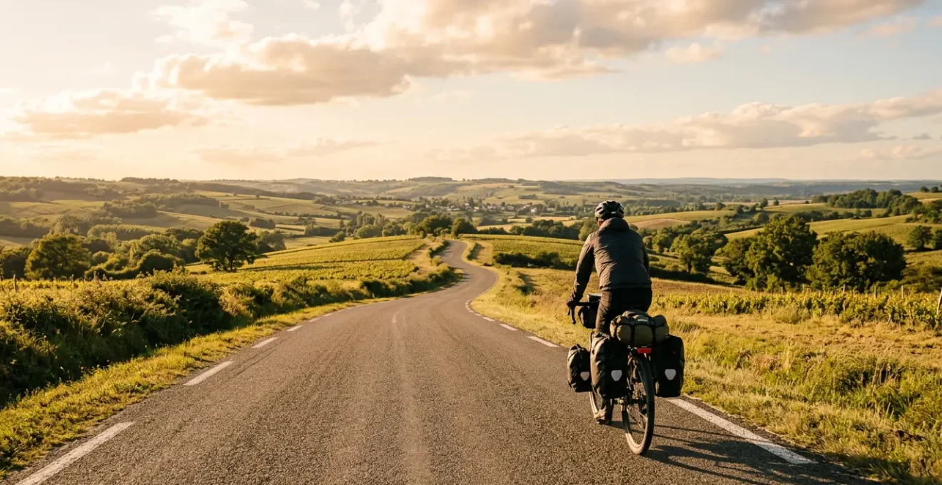 Cycliste équipé de sacoches au départ d'un voyage à vélo sur une route de campagne française