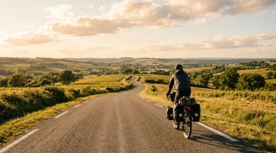Cycliste équipé de sacoches au départ d'un voyage à vélo sur une route de campagne française