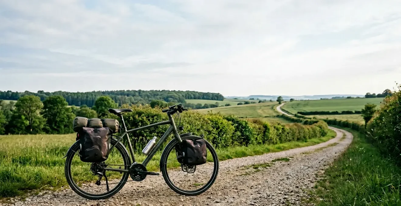 Cycliste équipé de sacoches sur un VTC chargé pour un voyage de plusieurs jours en pleine nature