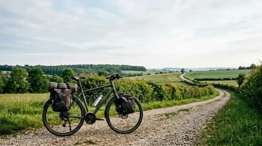 Cycliste équipé de sacoches sur un VTC chargé pour un voyage de plusieurs jours en pleine nature