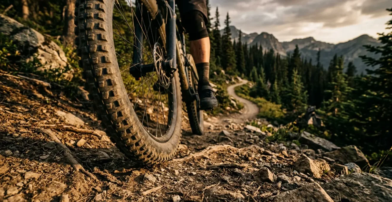 Vue rapprochée de pneus de VTT avec crampons agressifs sur terrain naturel accidenté