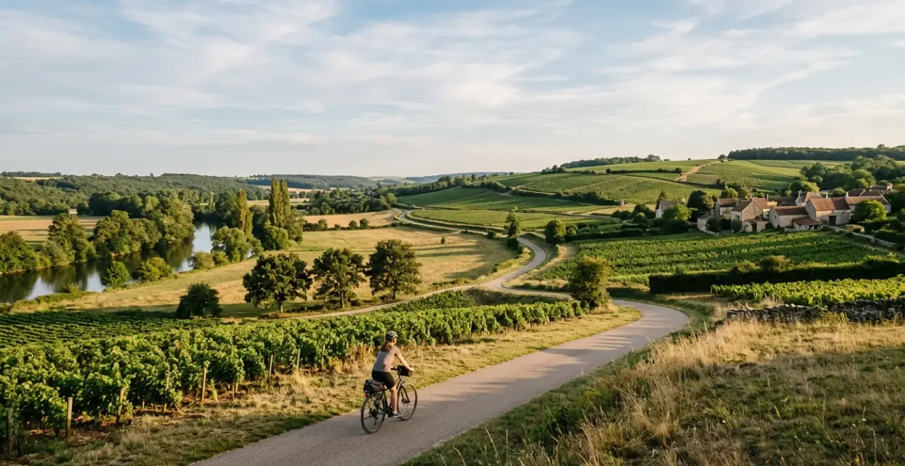 Cycliste sur une véloroute bordée de paysages variés en France