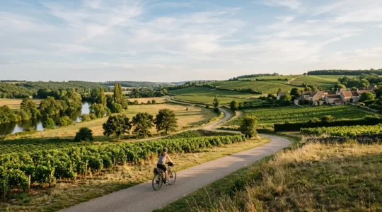 Cycliste sur une véloroute bordée de paysages variés en France