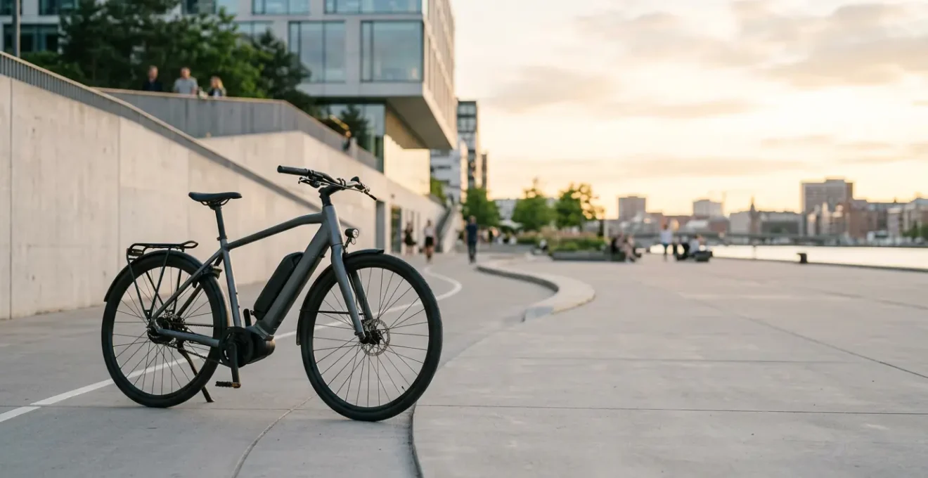 Cycliste utilisant un vélo électrique moderne sur parcours urbain avec autonomie optimale