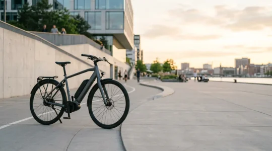Cycliste utilisant un vélo électrique moderne sur parcours urbain avec autonomie optimale