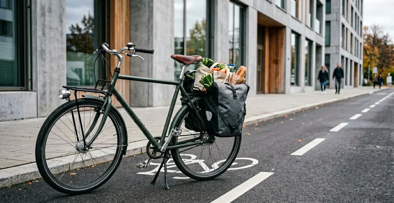 Vélo équipé d'un porte-bagages avec sacoches pour transporter des courses en milieu urbain