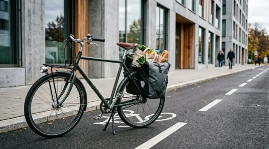 Vélo équipé d'un porte-bagages avec sacoches pour transporter des courses en milieu urbain