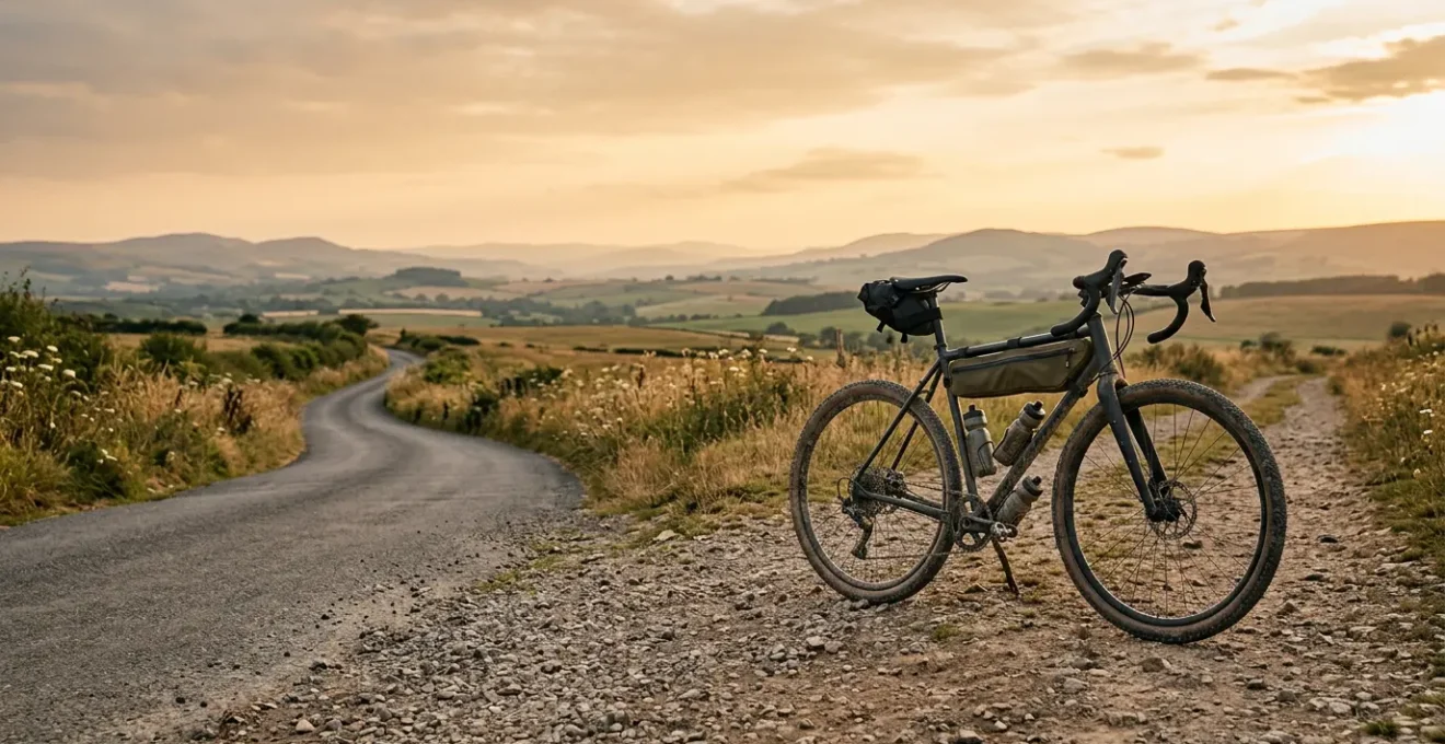 Vélo gravel sur chemin mixte entre route et sentier naturel