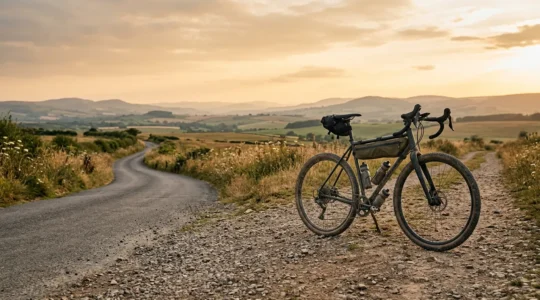 Vélo gravel sur chemin mixte entre route et sentier naturel