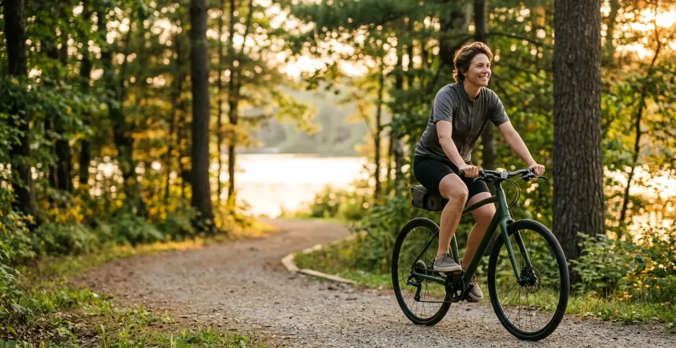 Personne pratiquant le vélo dans un cadre naturel paisible pour le bien-être et la remise en forme