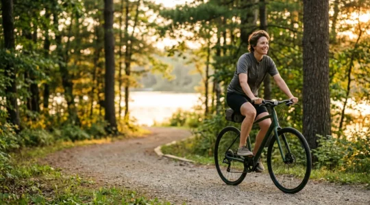 Personne pratiquant le vélo dans un cadre naturel paisible pour le bien-être et la remise en forme