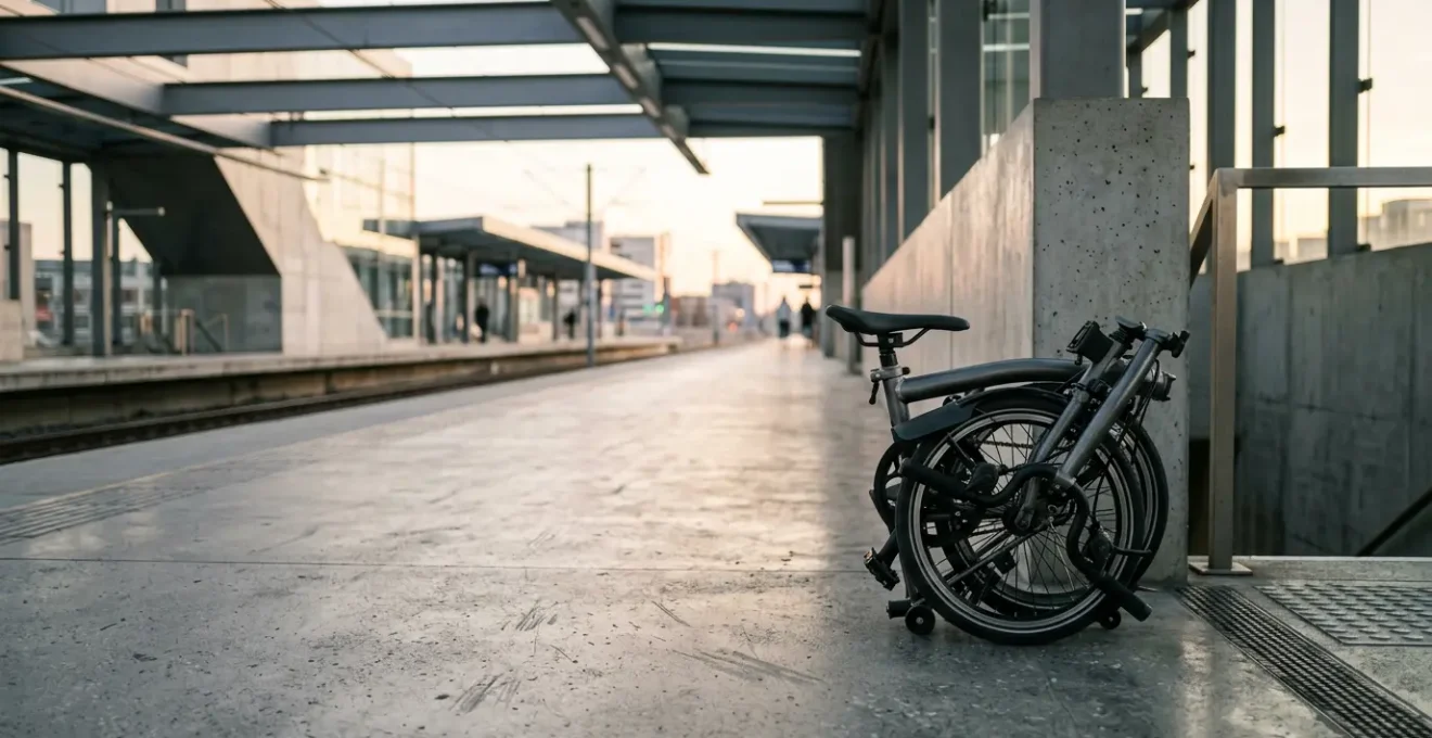 Vélo pliant garé dans un environnement urbain moderne illustrant la mobilité multimodale