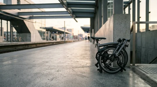 Vélo pliant garé dans un environnement urbain moderne illustrant la mobilité multimodale