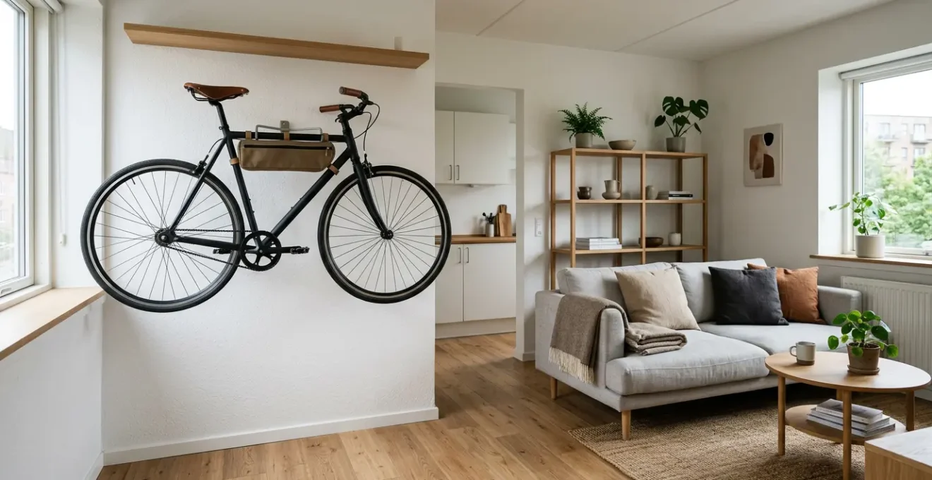 Vélo élégant suspendu dans un petit appartement moderne avec espace de vie préservé