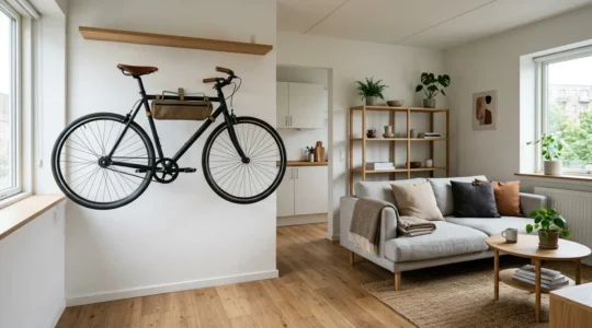 Vélo élégant suspendu dans un petit appartement moderne avec espace de vie préservé