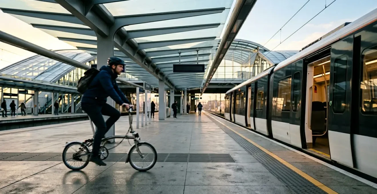 Cycliste avec vélo pliant dans un environnement de gare moderne