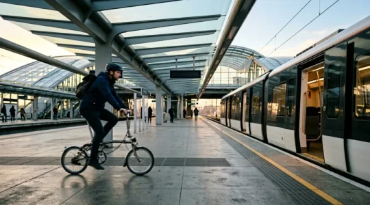 Cycliste avec vélo pliant dans un environnement de gare moderne