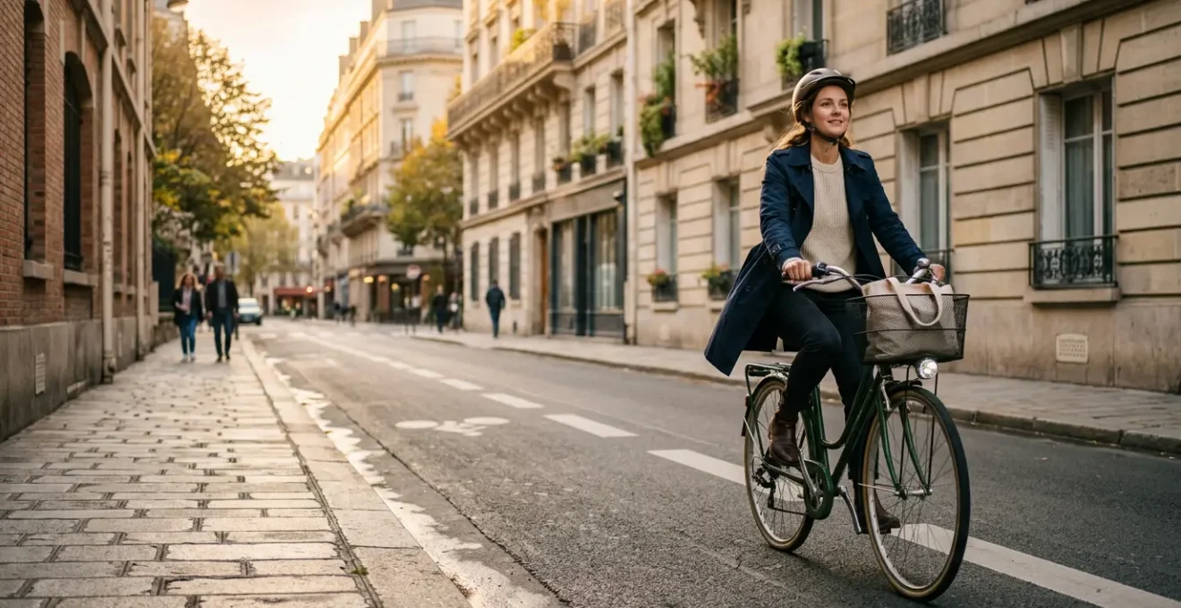 Cycliste sur vélo en milieu urbain lors de trajet quotidien illustrant les économies et le bien-être