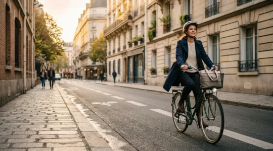 Cycliste sur vélo en milieu urbain lors de trajet quotidien illustrant les économies et le bien-être