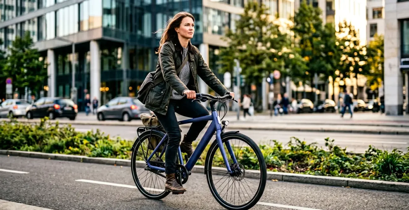 Personne à vélo dans un environnement urbain symbolisant la mobilité douce et la réduction des émissions de CO2