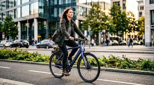 Personne à vélo dans un environnement urbain symbolisant la mobilité douce et la réduction des émissions de CO2
