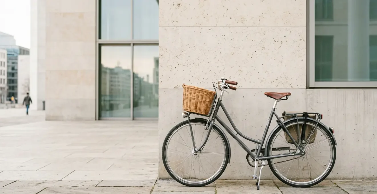 Vélo de ville élégant sur fond urbain minimaliste évoquant le choix du vélo parfait entre confort et style