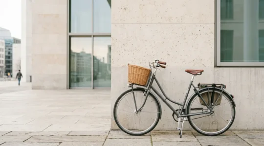 Vélo de ville élégant sur fond urbain minimaliste évoquant le choix du vélo parfait entre confort et style