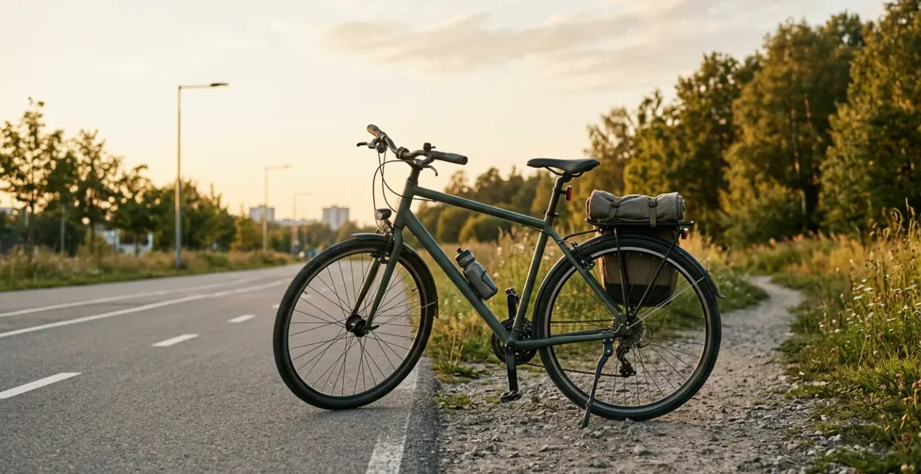Cycliste avec vélo tout chemin polyvalent sur chemin mixte entre ville et nature