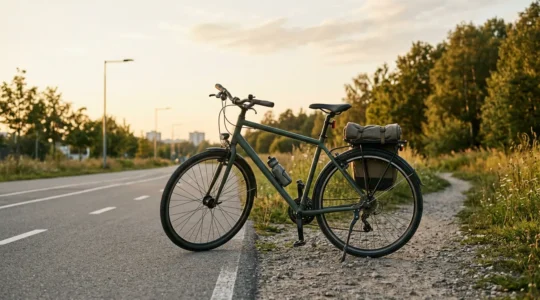 Cycliste avec vélo tout chemin polyvalent sur chemin mixte entre ville et nature
