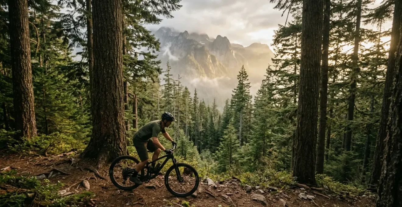 Cycliste débutant sur un VTT semi-rigide parcourant un sentier forestier en montagne