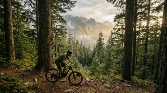 Cycliste débutant sur un VTT semi-rigide parcourant un sentier forestier en montagne