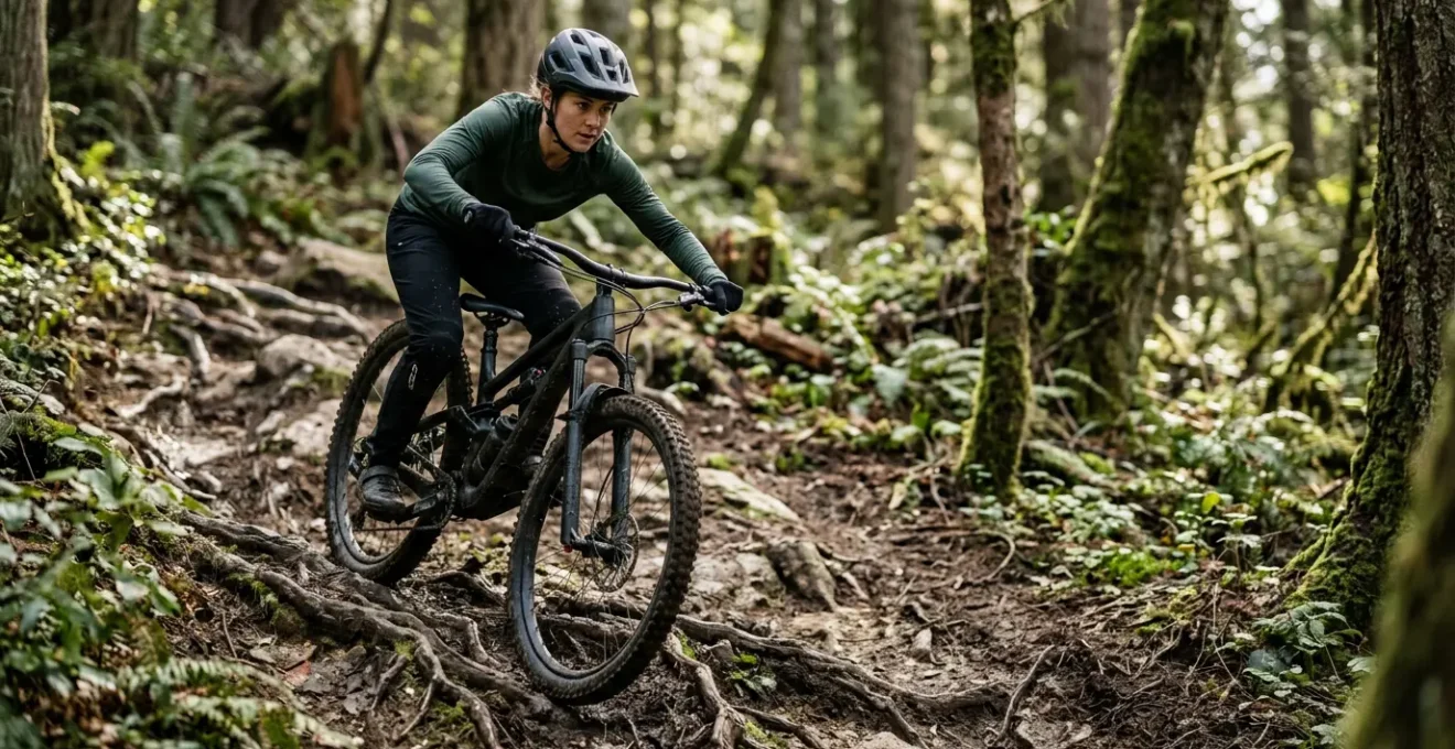 Vététiste franchissant avec confiance un sentier technique avec racines et descente raide
