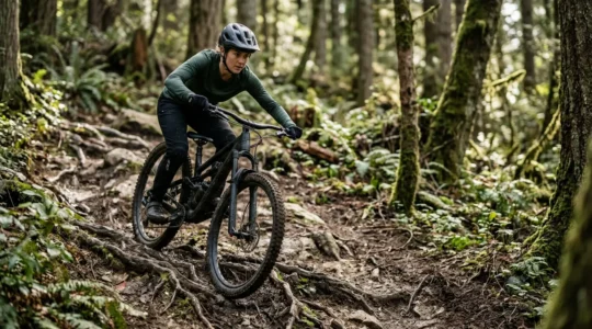 Vététiste franchissant avec confiance un sentier technique avec racines et descente raide