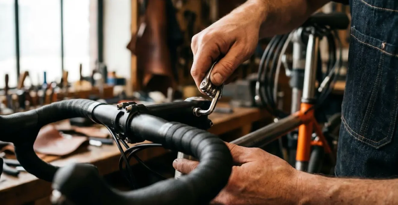 Gros plan sur mains de cycliste ajustant la potence d'un vélo de route avec outil Allen