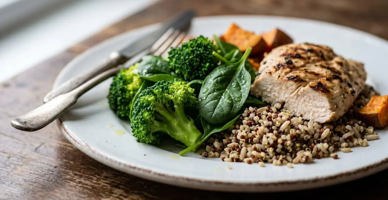 Assiette de récupération post-vélo avec légumes colorés, protéines et glucides complexes