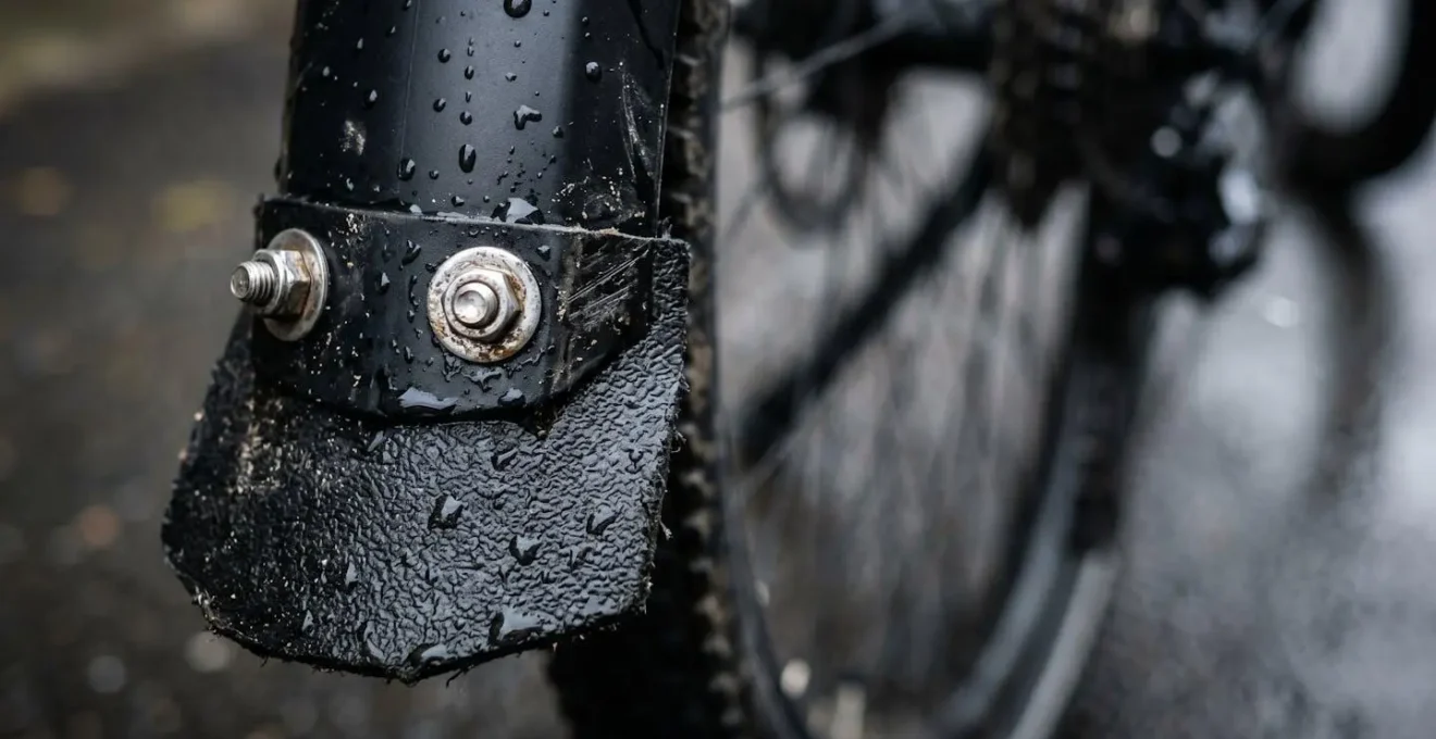 Gros plan sur l'extrémité d'un garde-boue de vélo avec bavette artisanale fixée