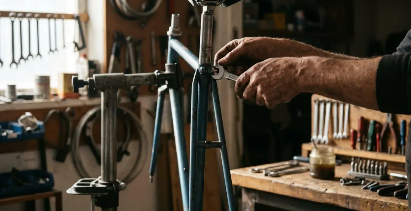 Mains d'un mécanicien vélo travaillant sur la réparation d'un cadre, symbolisant l'économie circulaire et l'allongement de la durée de vie