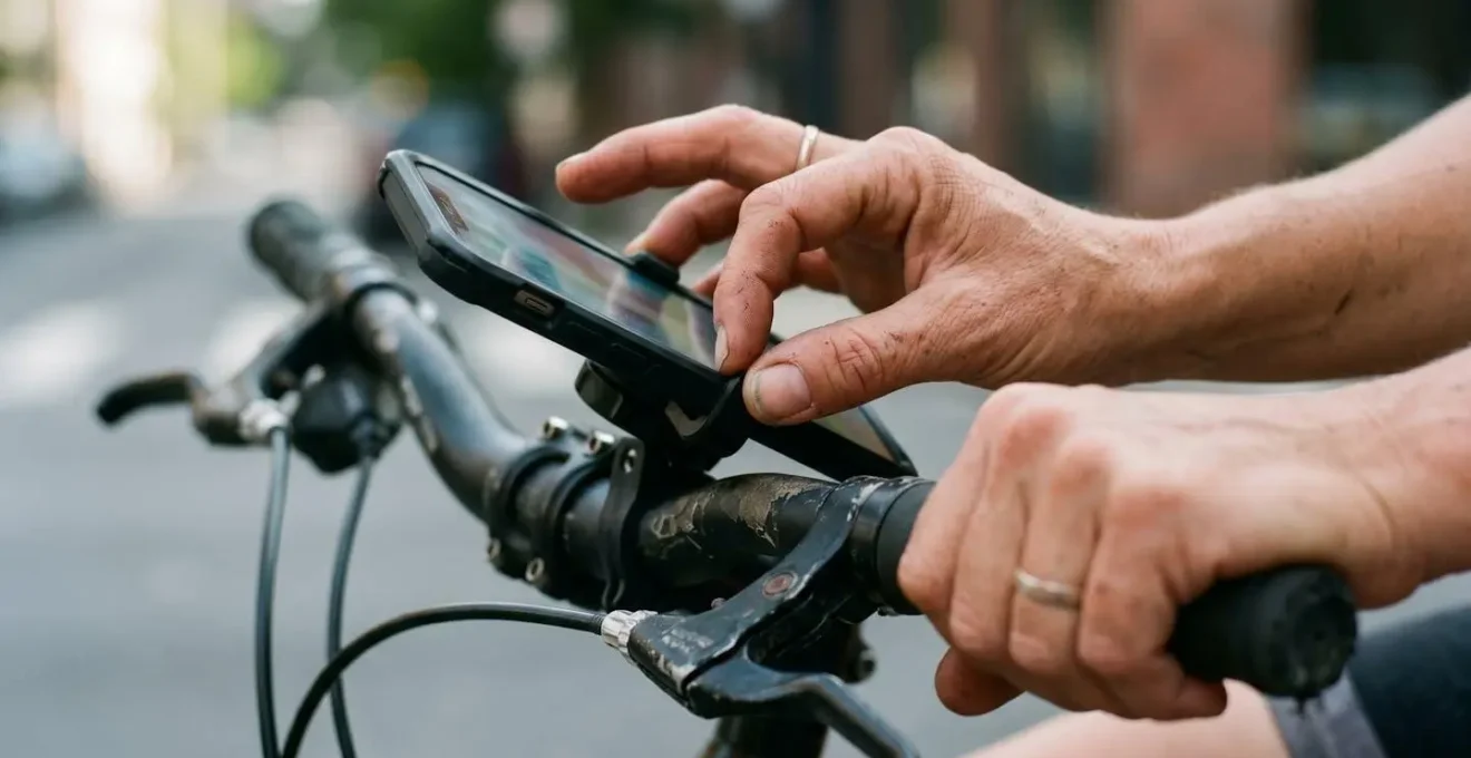 Cycliste vérifiant ses statistiques de trajets vélo sur son smartphone monté au guidon, focus sur les données environnementales