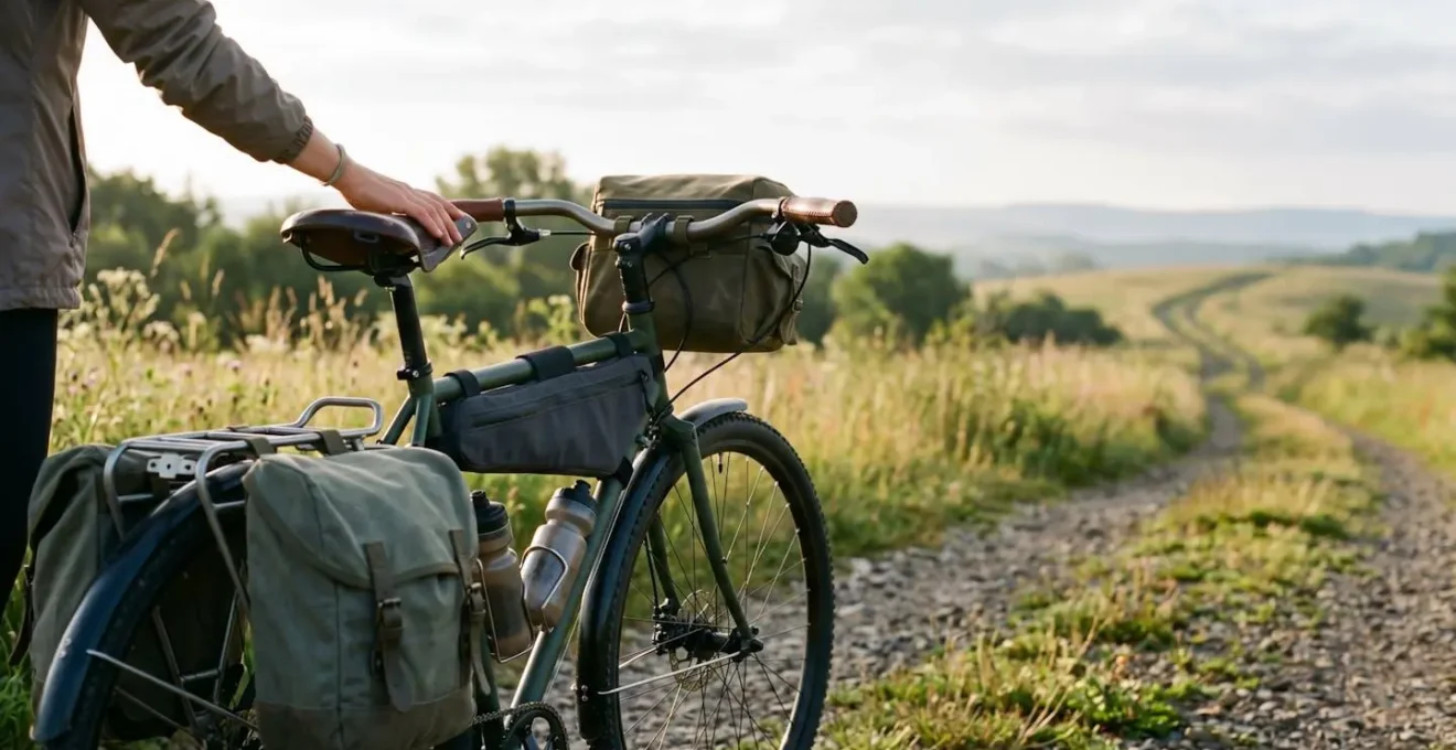 Vélo tout chemin équipé pour le voyage avec sacoches et accessoires essentiels