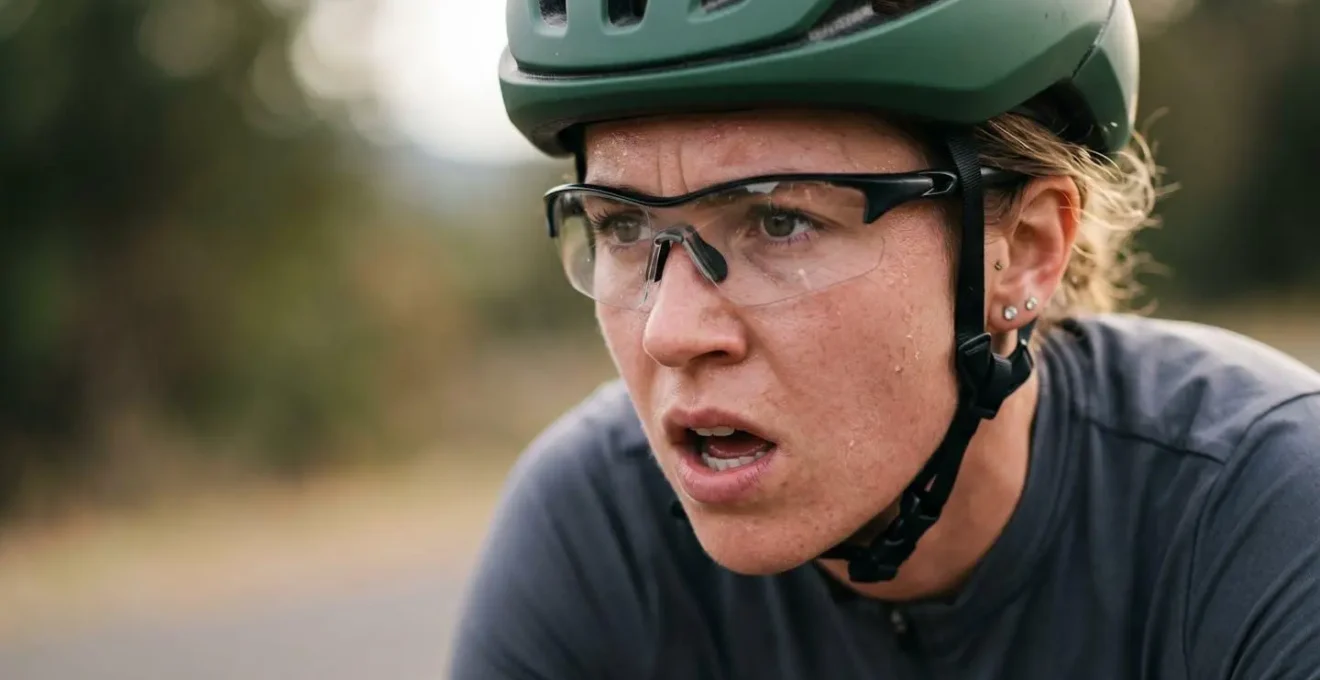 Portrait serré d'un cycliste en plein effort, montrant l'intensité physique et mentale de l'entraînement