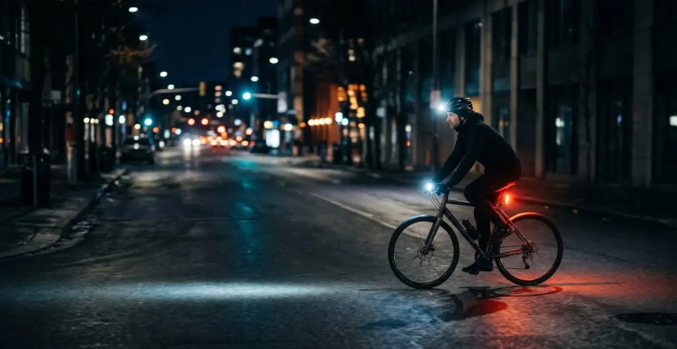 Cycliste de nuit équipé de multiples sources lumineuses LED créant une visibilité à 360 degrés