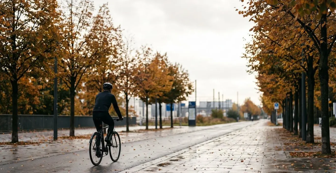 Cycliste urbain dans un environnement automnal symbolisant la continuité du vélotaf toute l'année
