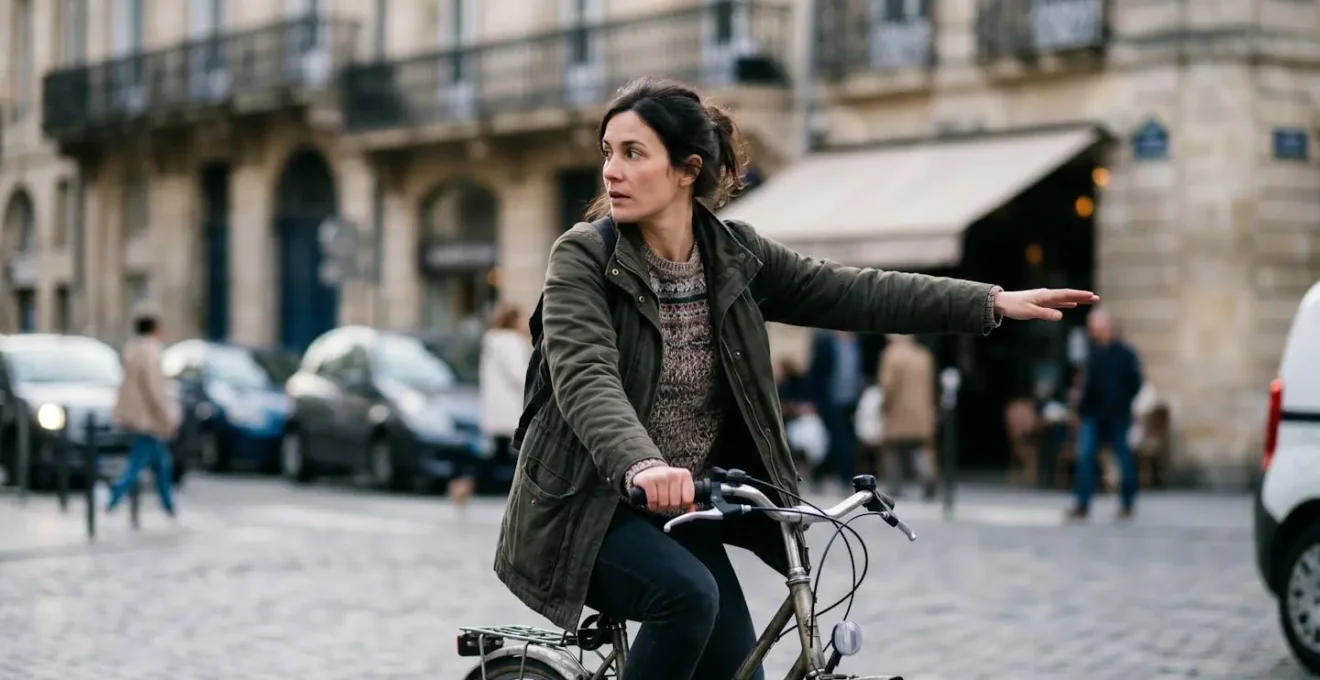 Cycliste français signalant un changement de direction avec le bras tendu tout en maintenant le contrôle du guidon
