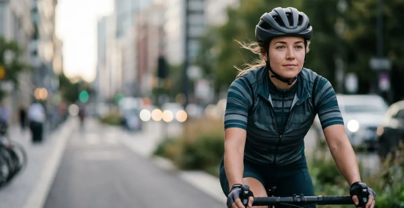 Cycliste en déplacement urbain quotidien illustrant la mobilité active