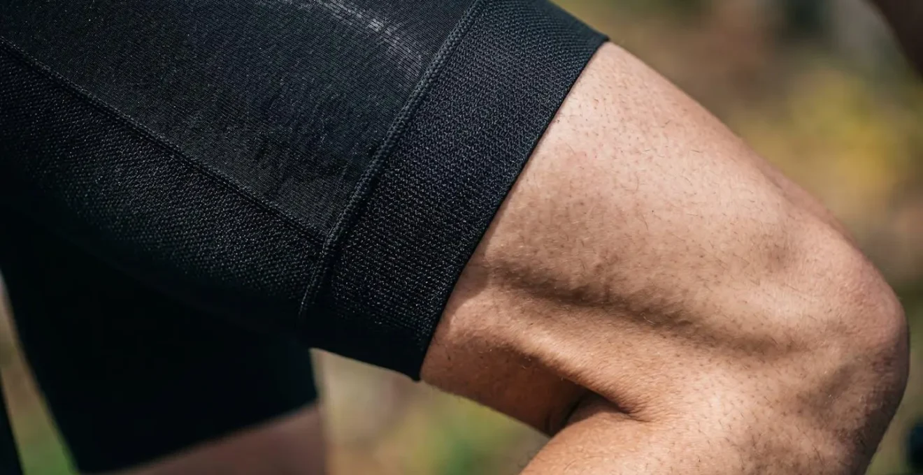 Gros plan sur les cuisses d'un cycliste en effort de pédalage