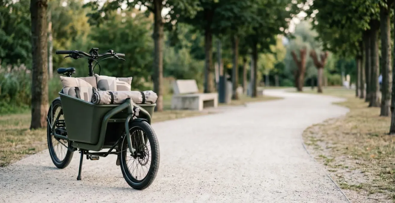 Enfant confortablement installé dans un vélo cargo avec équipements pour toutes saisons