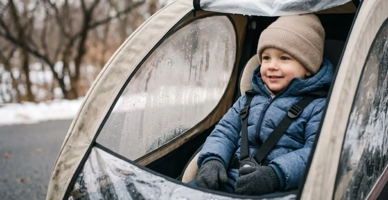 Enfant confortablement installé dans remorque vélo avec protection contre le froid hivernal